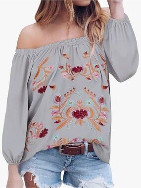 Off-Shoulder Embroidered Women's Top - Light Gray